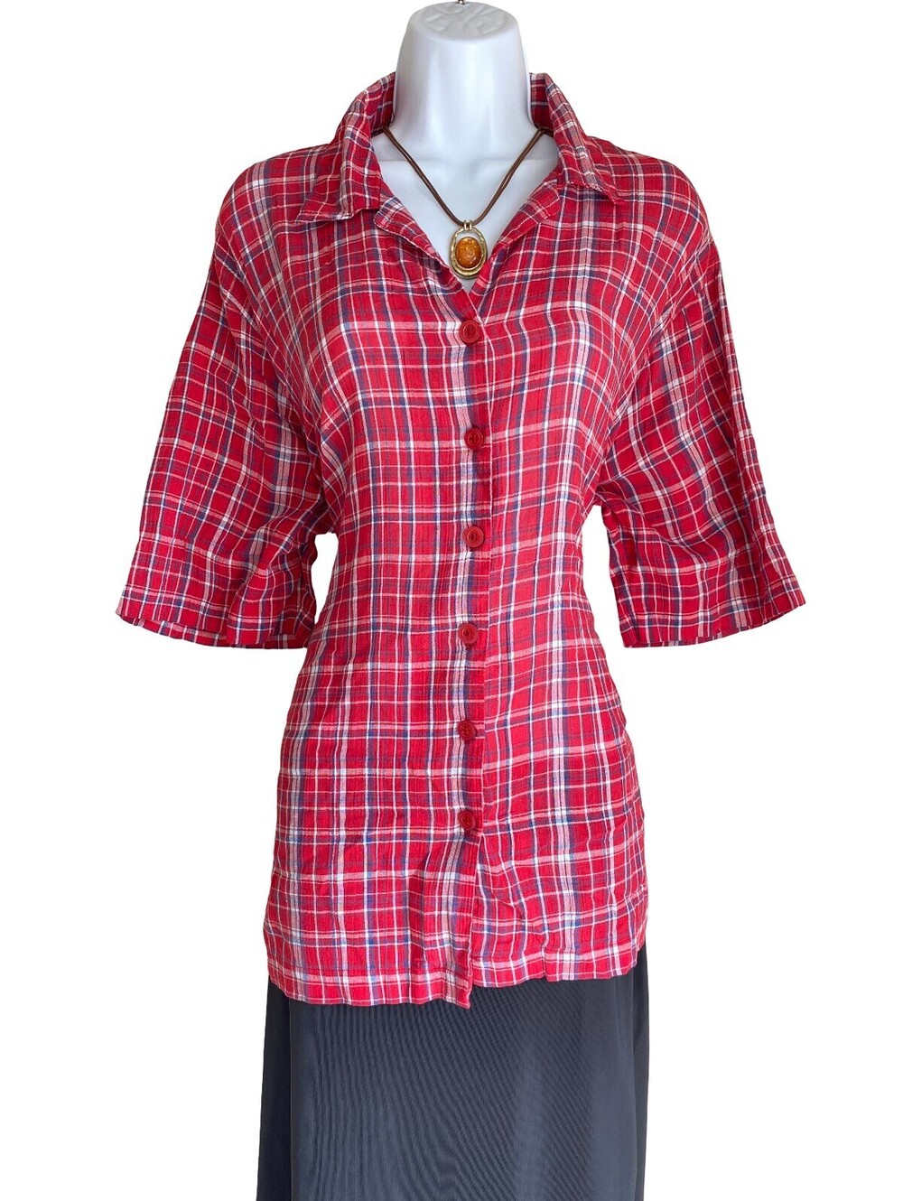 VTG BonWorth Women's Plus XL Red Plaid Button Up Tunic Blouse Fall Academia Boho